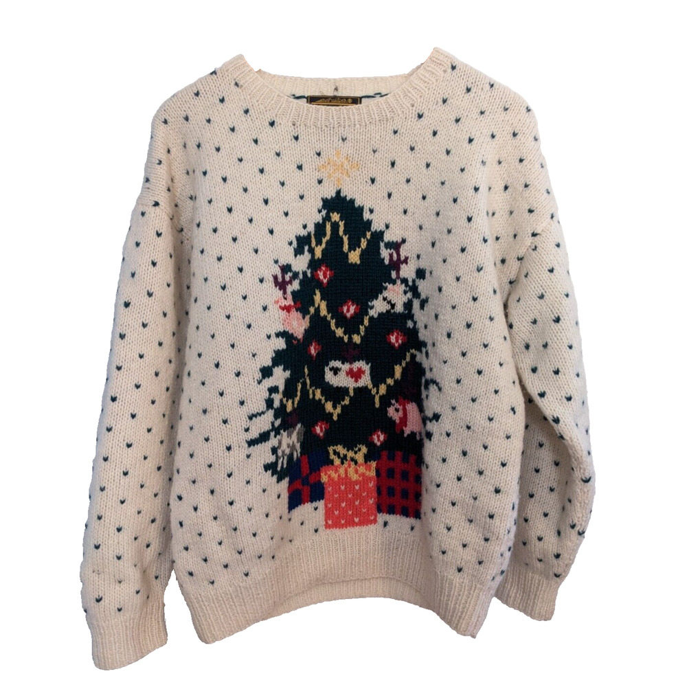 Vintage 1989 Eddie Bauer 100% Wool Christmas Tree Holiday Farm Sweater Sz Medium